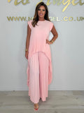 Pleated Two-Piece Set – High-Low Top & Wide-Leg Trousers Casual Outfit