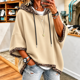 Women's Leopard Trim Hoodie – Relaxed Fit Drawstring Sweatshirt