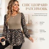 Women's Leopard Print Patchwork Tunic Top – Relaxed Long Sleeve