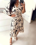 V-Neck Waist Ink Print Dress
