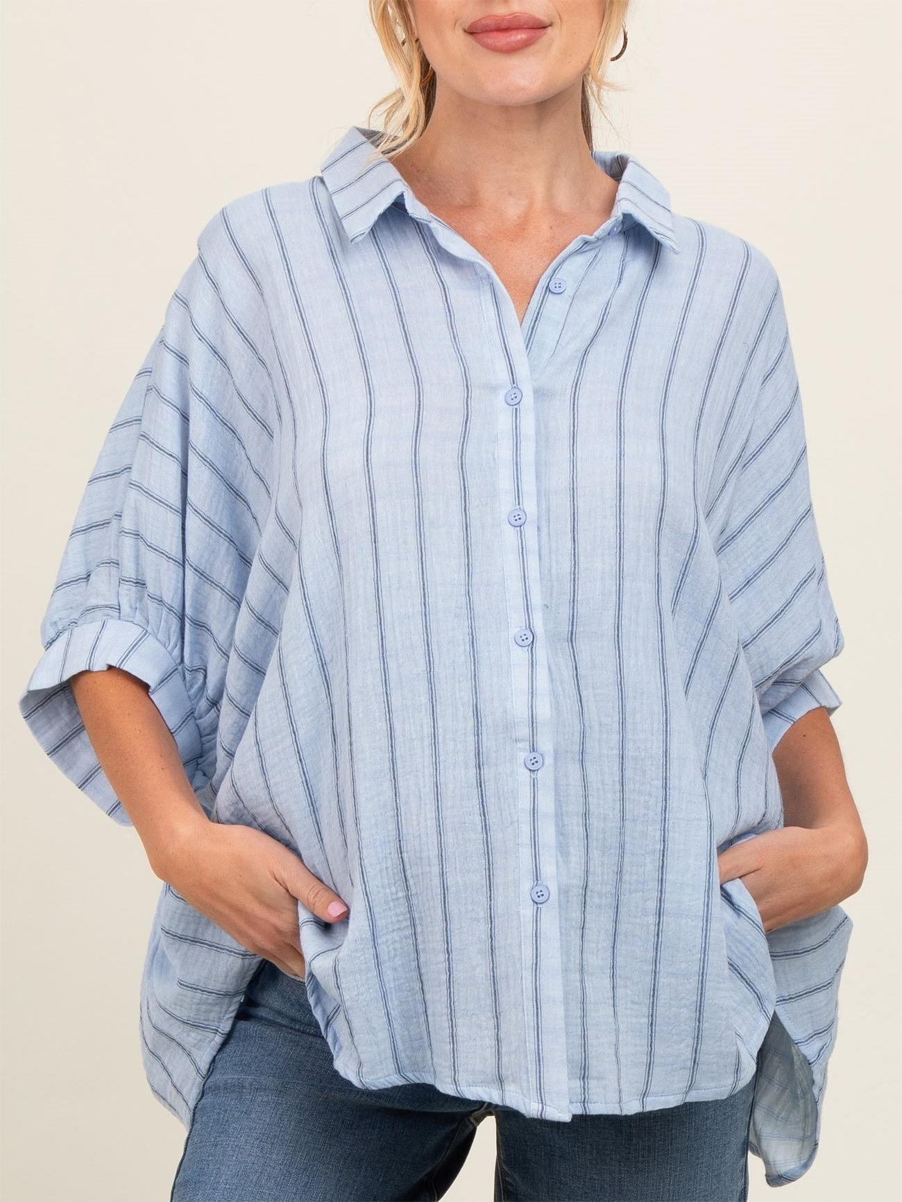 Women's Oversized Striped Button Down Top (Buy 2 Free Shipping)