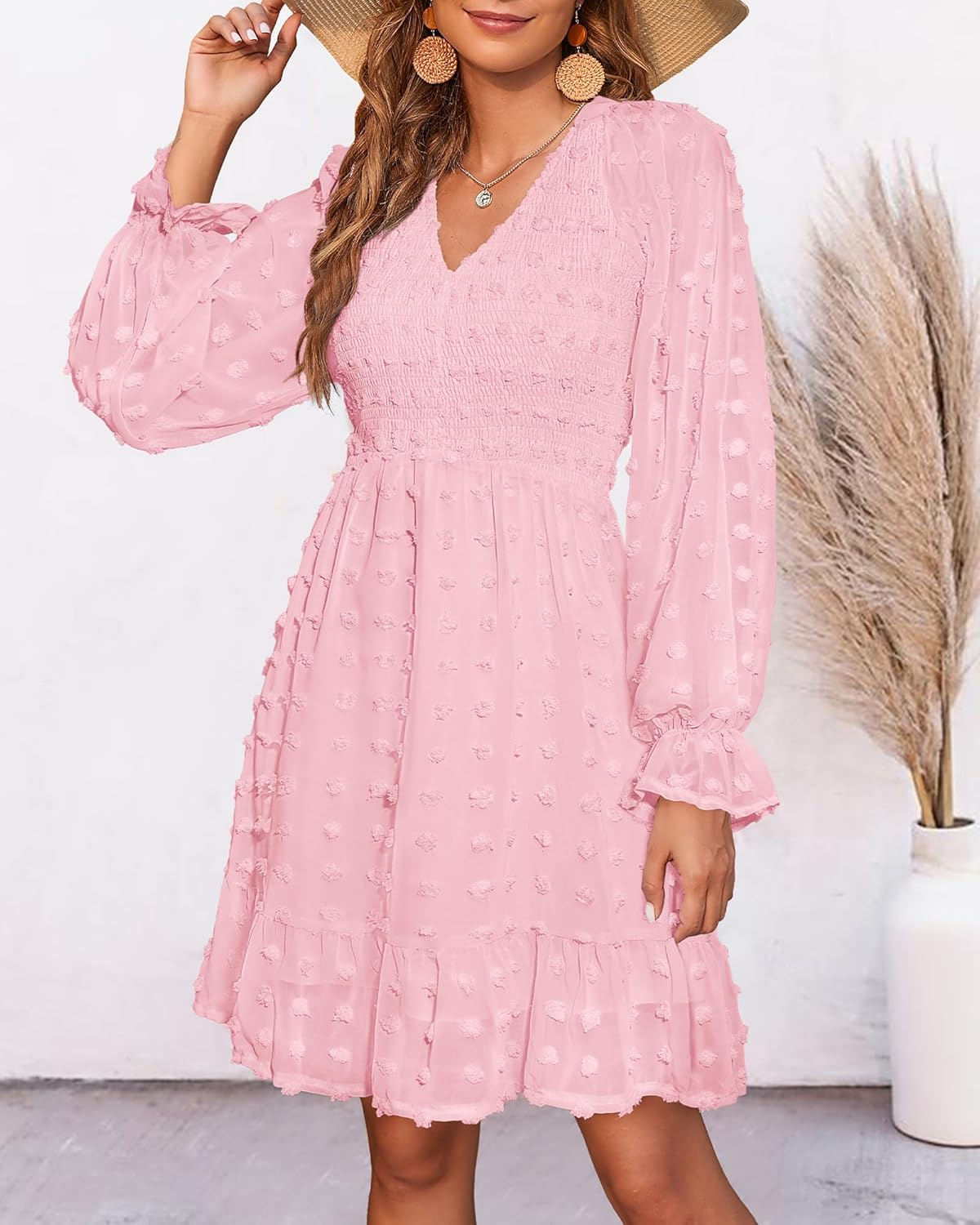 Women's Spring V Neck Swiss Dot Chiffon Mini Dress (Buy 2 Free Shipping)