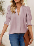 Women's Solid Casual V Neck Puff Sleeve Shirts (Buy 2 Free Shipping)