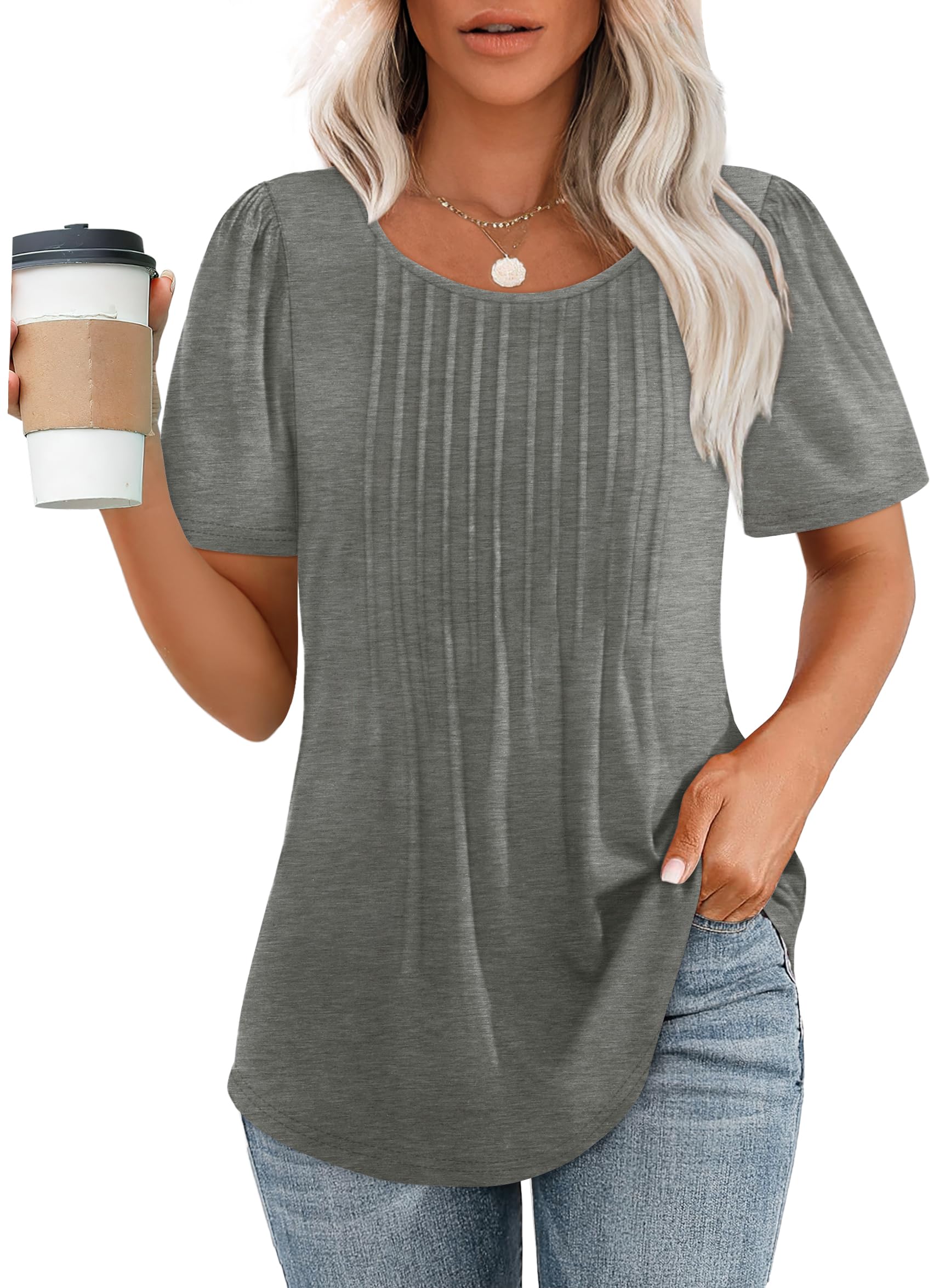 Women's Short Sleeve Pleated Scooped Neck Tops (Buy 3 Free Shipping)