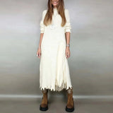Charming Satin Dress and Long Handcrafted Knit Sweater Set