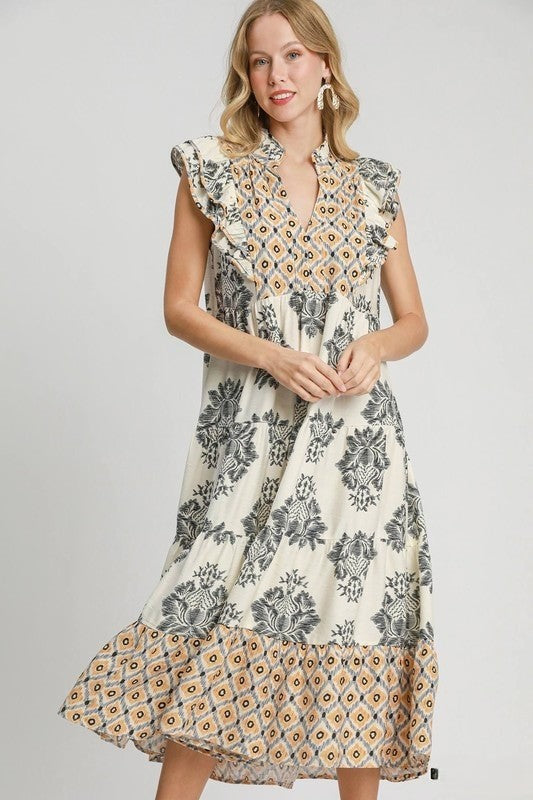 Women's Casual Printed Ruffle Sleeve Midi Dress (Buy 2 Free Shipping)