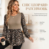 Women's Leopard Print Patchwork Tunic Top – Relaxed Long Sleeve